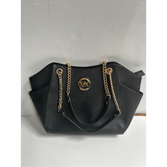 Michael Kors Jet Set Travel Large Leather Gold Chain Shoulder Tote Black Handbag - Picture 14 of 14